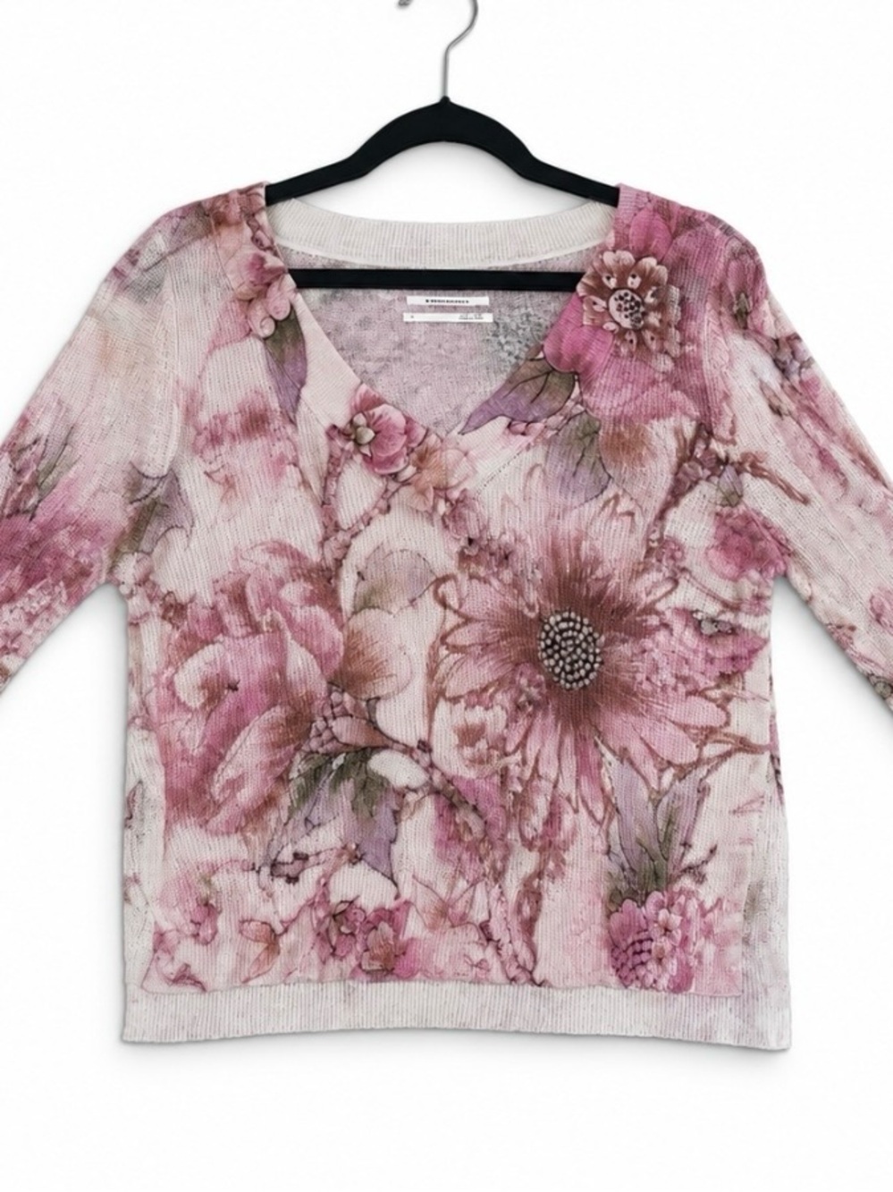 Anthropologie Pink Floral V-Neck Knit Sweater Top